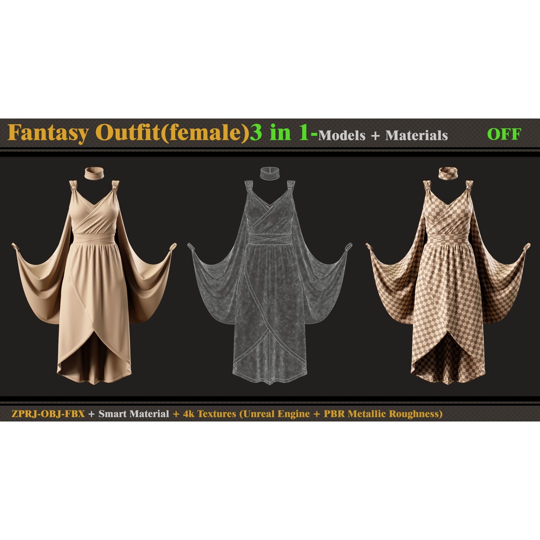 Fantasy Outfits 3D Model – Elegant Costume Set with Textures, FBX & OBJ - View 7