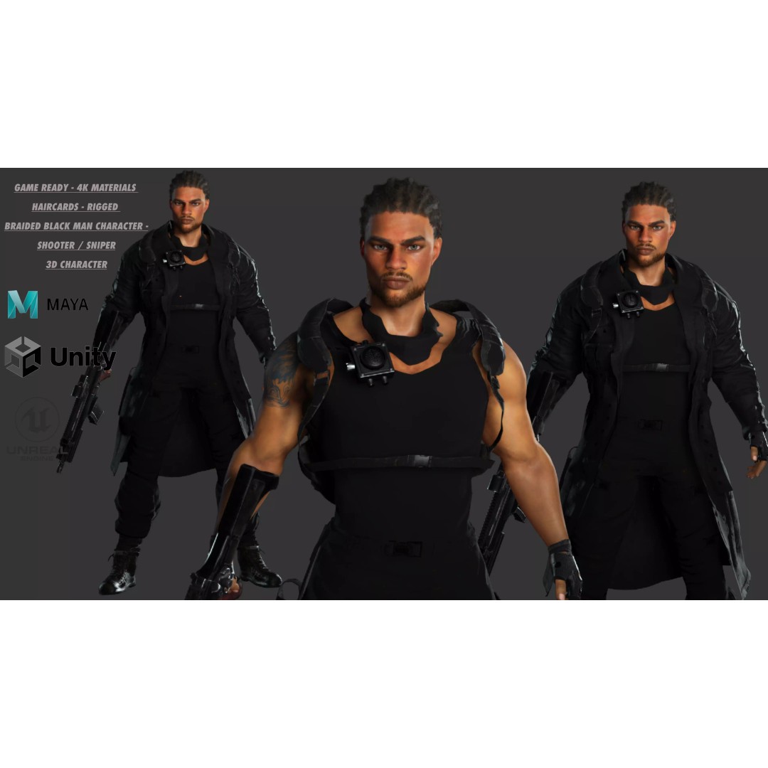 Realistic Black Man Character 3D Model – Game Ready Low Poly Sniper, FBX - View 2
