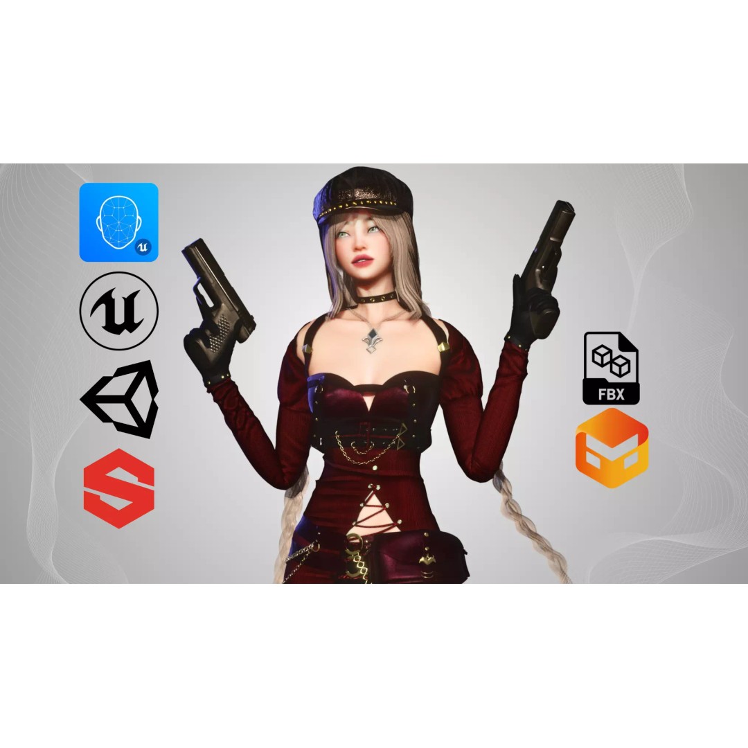 Gunslinger Girl 3D Model – Low Poly Rigged Character with PBR Textures - View 2