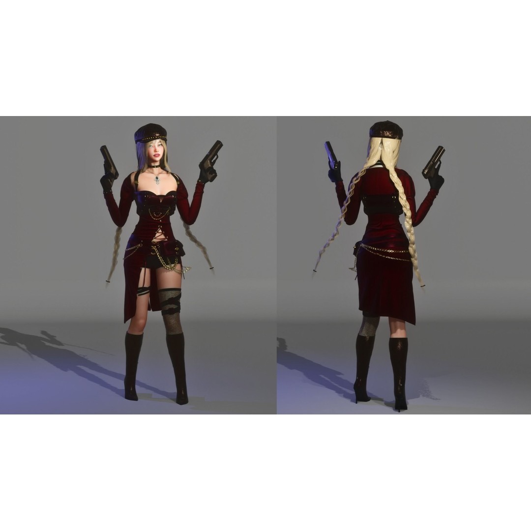 Gunslinger Girl 3D Model – Low Poly Rigged Character with PBR Textures - View 4