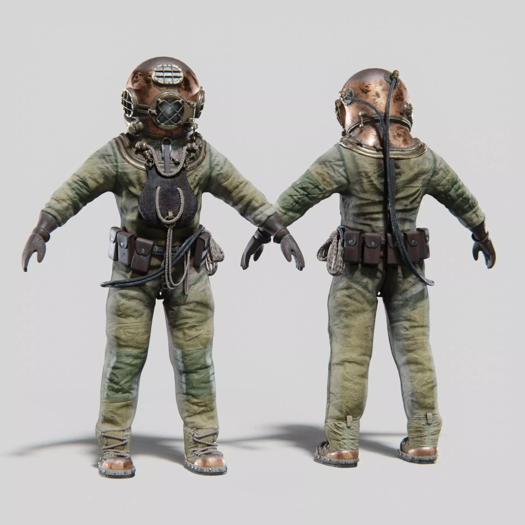 Copper Bronze Diving Suit 3D Model – Low Poly Historical Asset, FBX - View 2