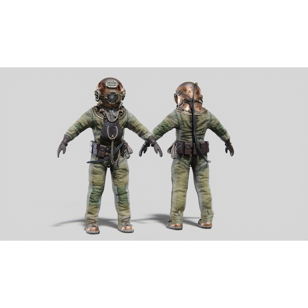 Copper Bronze Diving Suit 3D Model – Low Poly Historical Asset, FBX - View 3