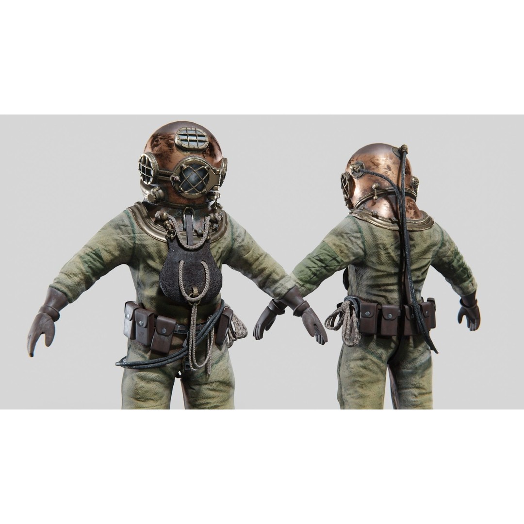 Copper Bronze Diving Suit 3D Model – Low Poly Historical Asset, FBX - View 4