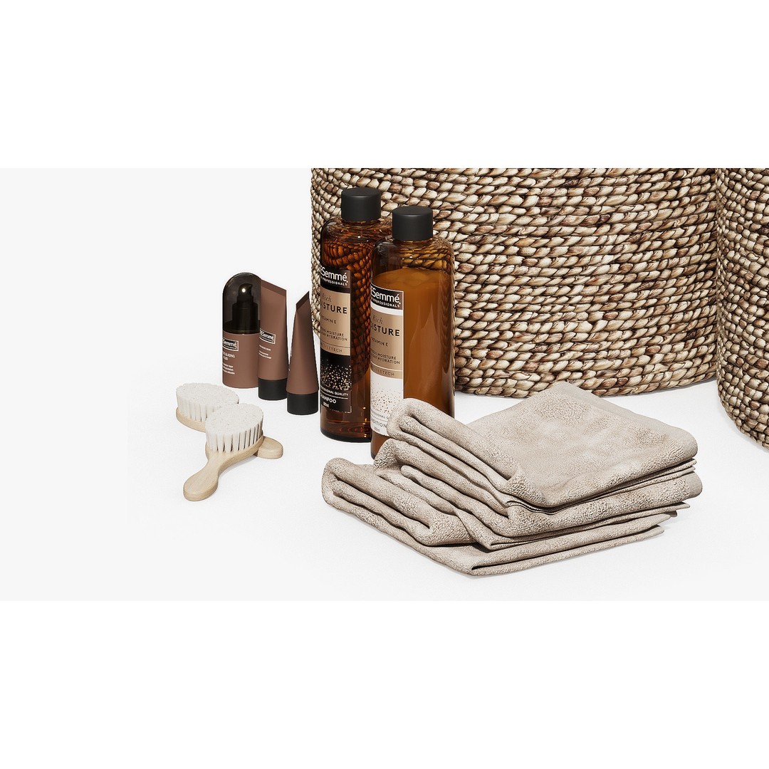 Bathroom Set 3D Model – PBR Interior Assets with Baskets and Skincare Products - View 5