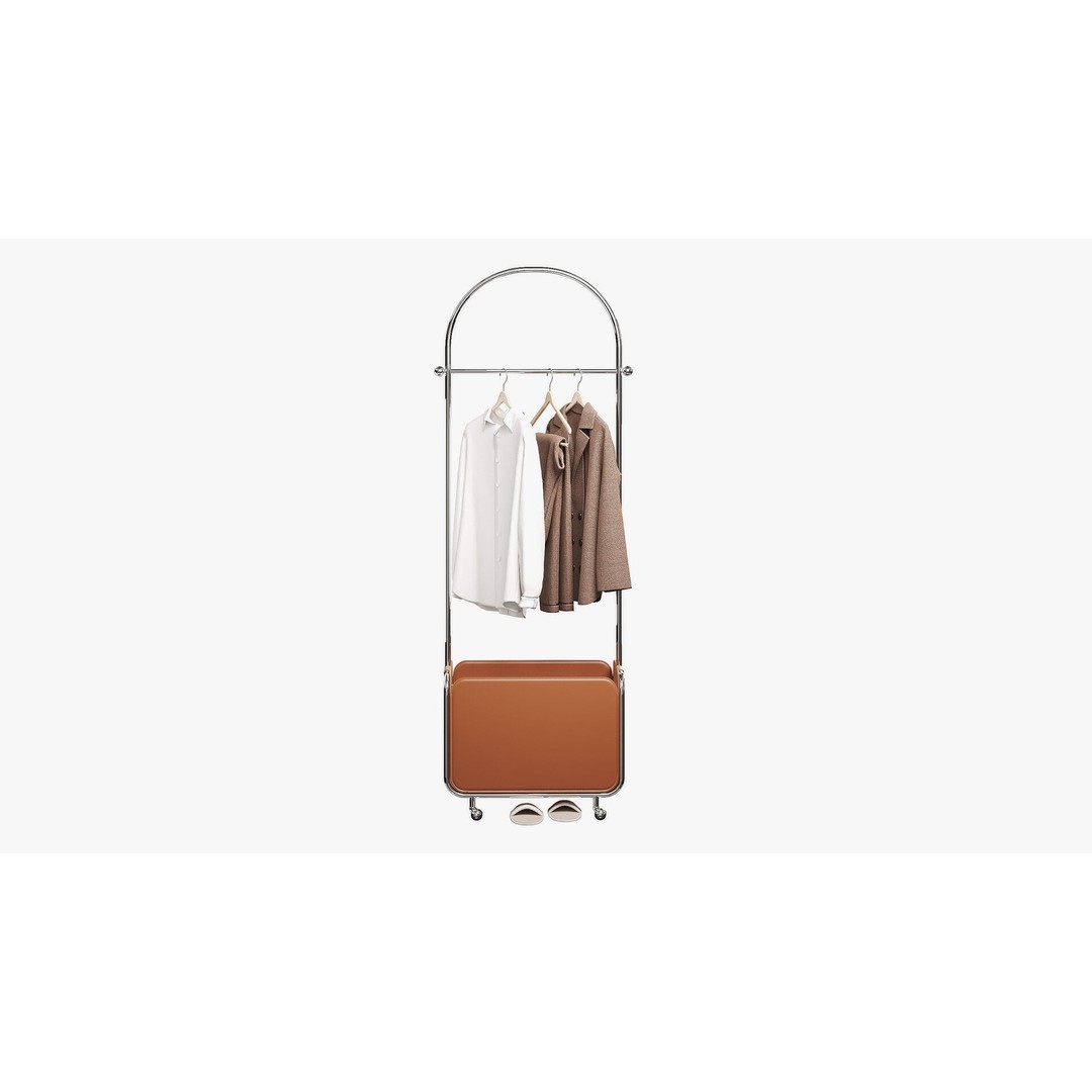 Floor Clothes Hanger 3D Model – Stylish Metal Design with Basket, FBX, OBJ - View 3