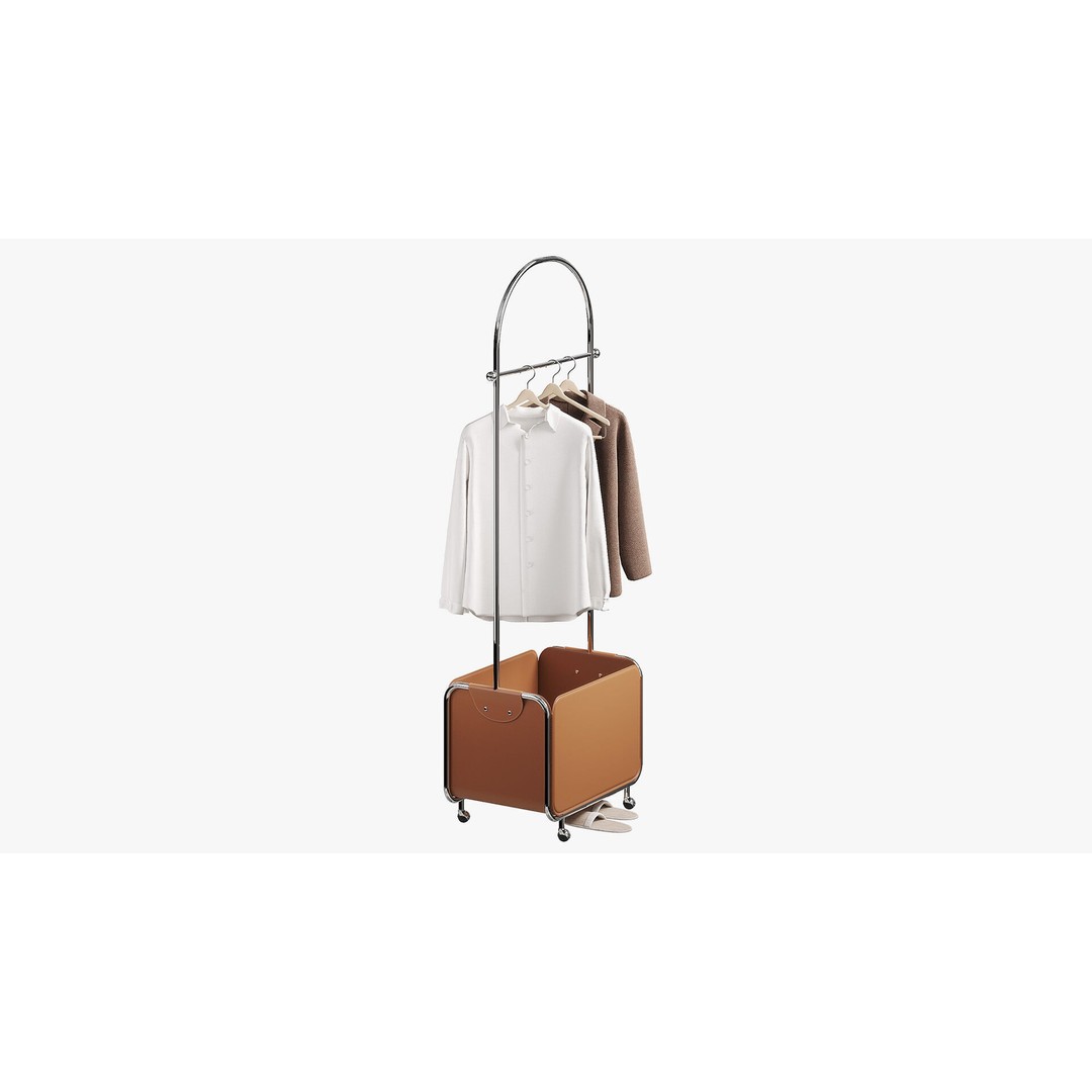 Floor Clothes Hanger 3D Model – Stylish Metal Design with Basket, FBX, OBJ - View 4