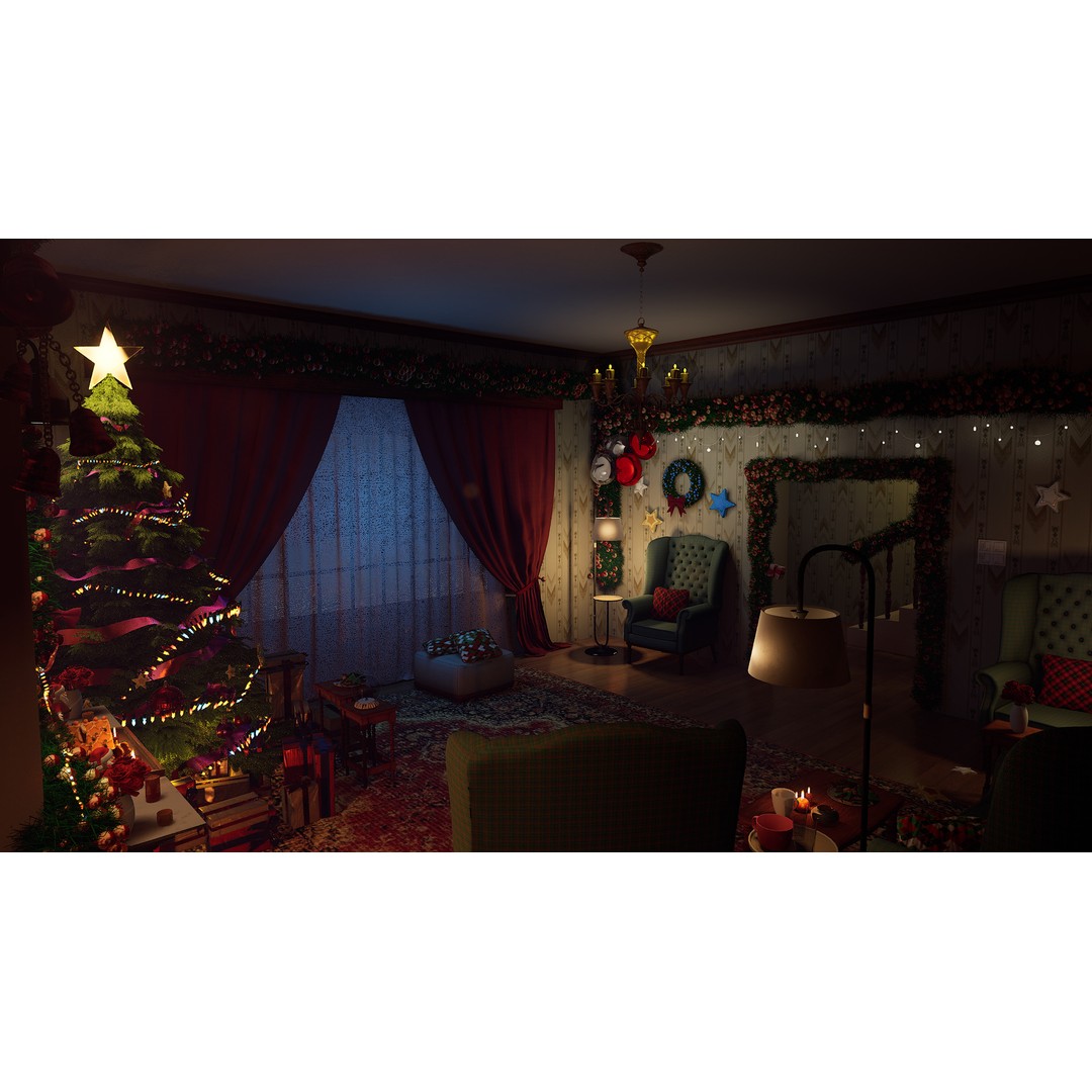 Christmas Living Room 3D Model – Festive Interior Asset Pack, FBX - View 3