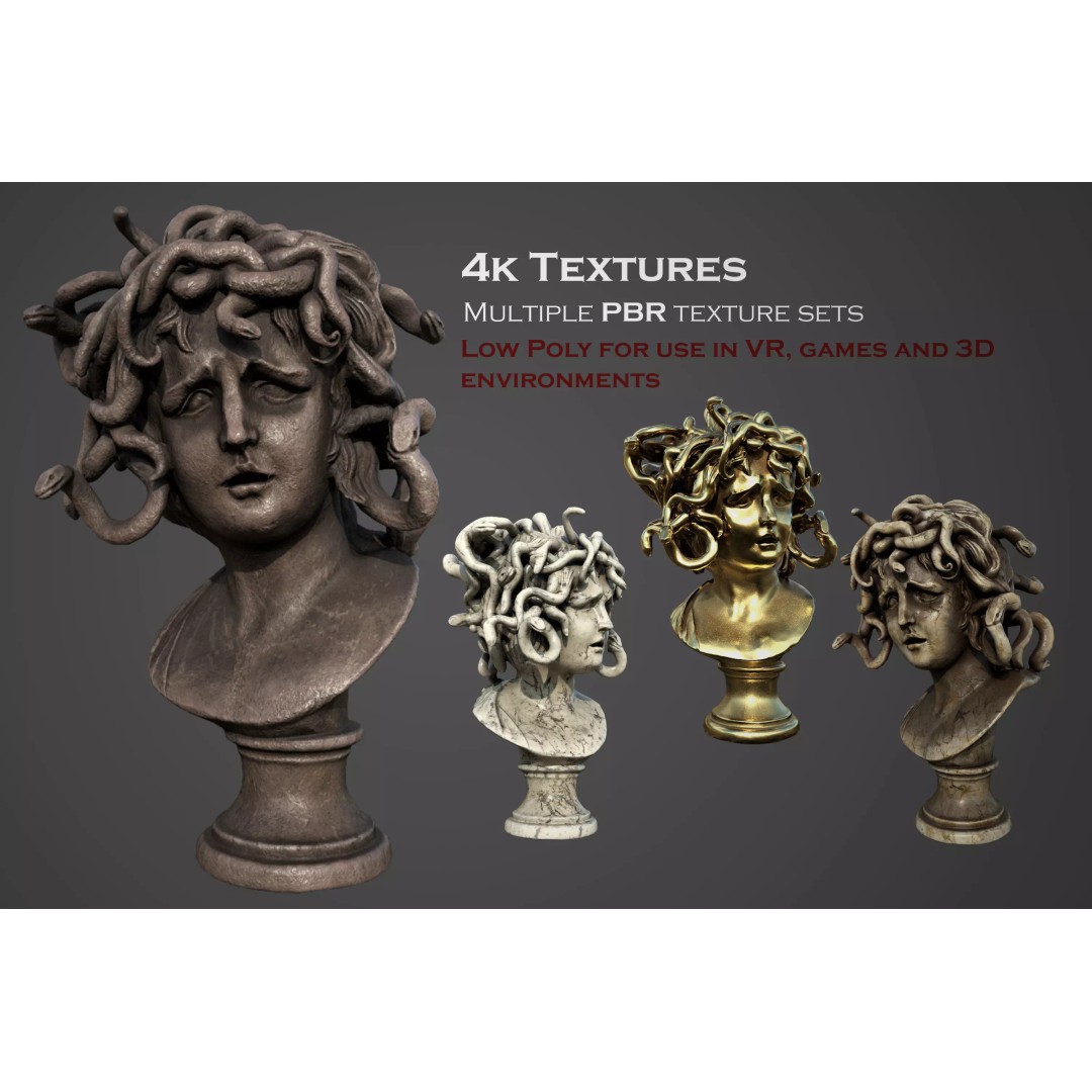 Bust of Medusa 3D Model – Low Poly PBR Sculpture for Archviz - View 2