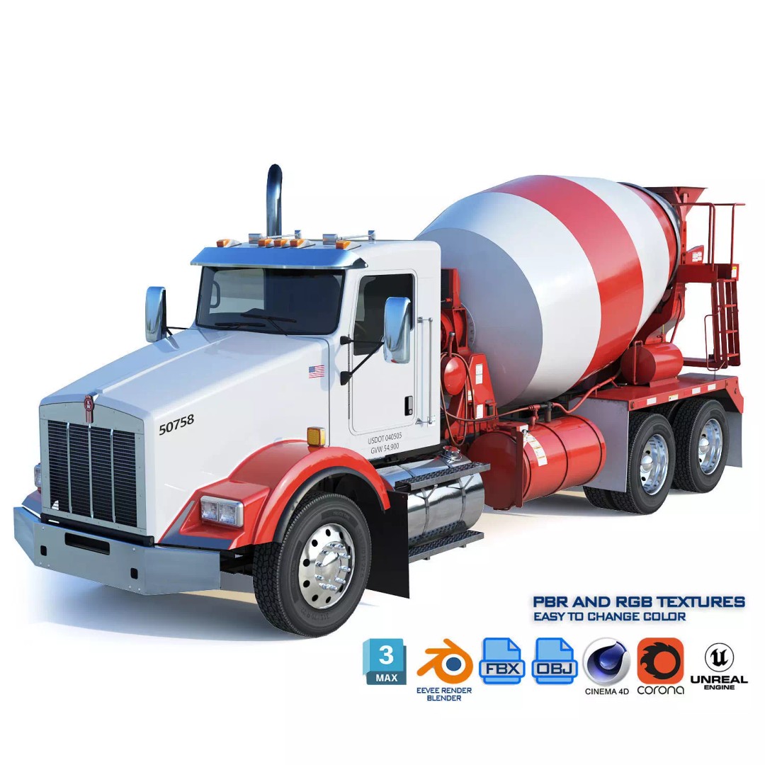 Kenworth T800 Concrete Mixer Truck 3D Model – Low Poly Game Asset, FBX - View 2