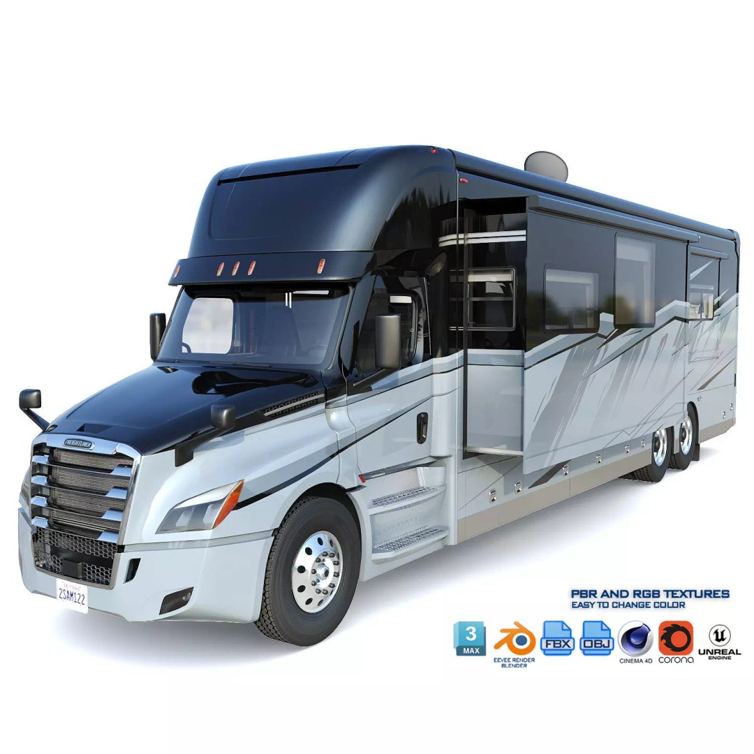 Cascadia Freightliner Motorhome 3D Model – Low Poly Game Asset, FBX, PBR - View 2
