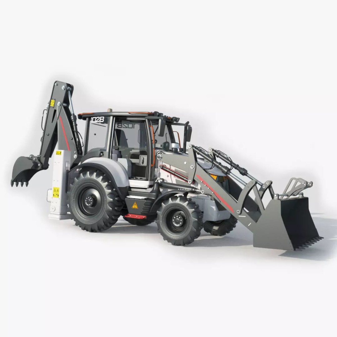 102B Backhoe Loader 3D Model – High Poly Industrial Vehicle, FBX, OBJ, Blender - View 2