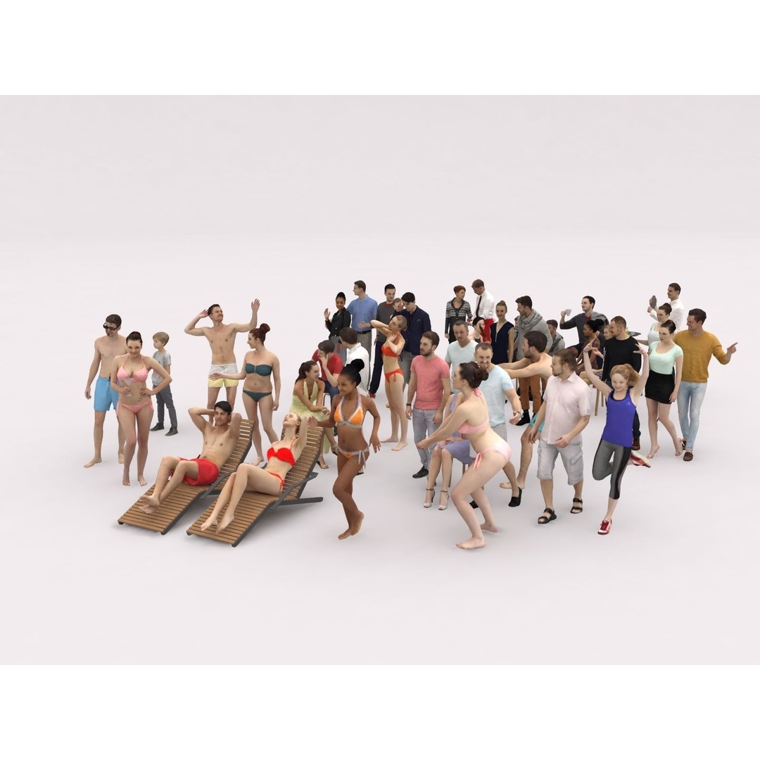 Crowd Scanned Beach People 3D Model – Low Poly Character Asset, FBX, OBJ - View 6
