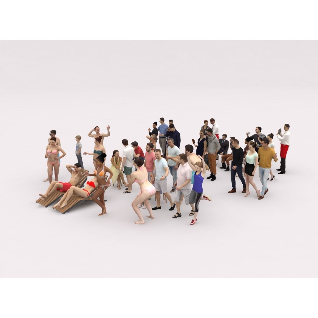 Crowd Scanned Beach People 3D Model – Low Poly Character Asset, FBX, OBJ - View 7