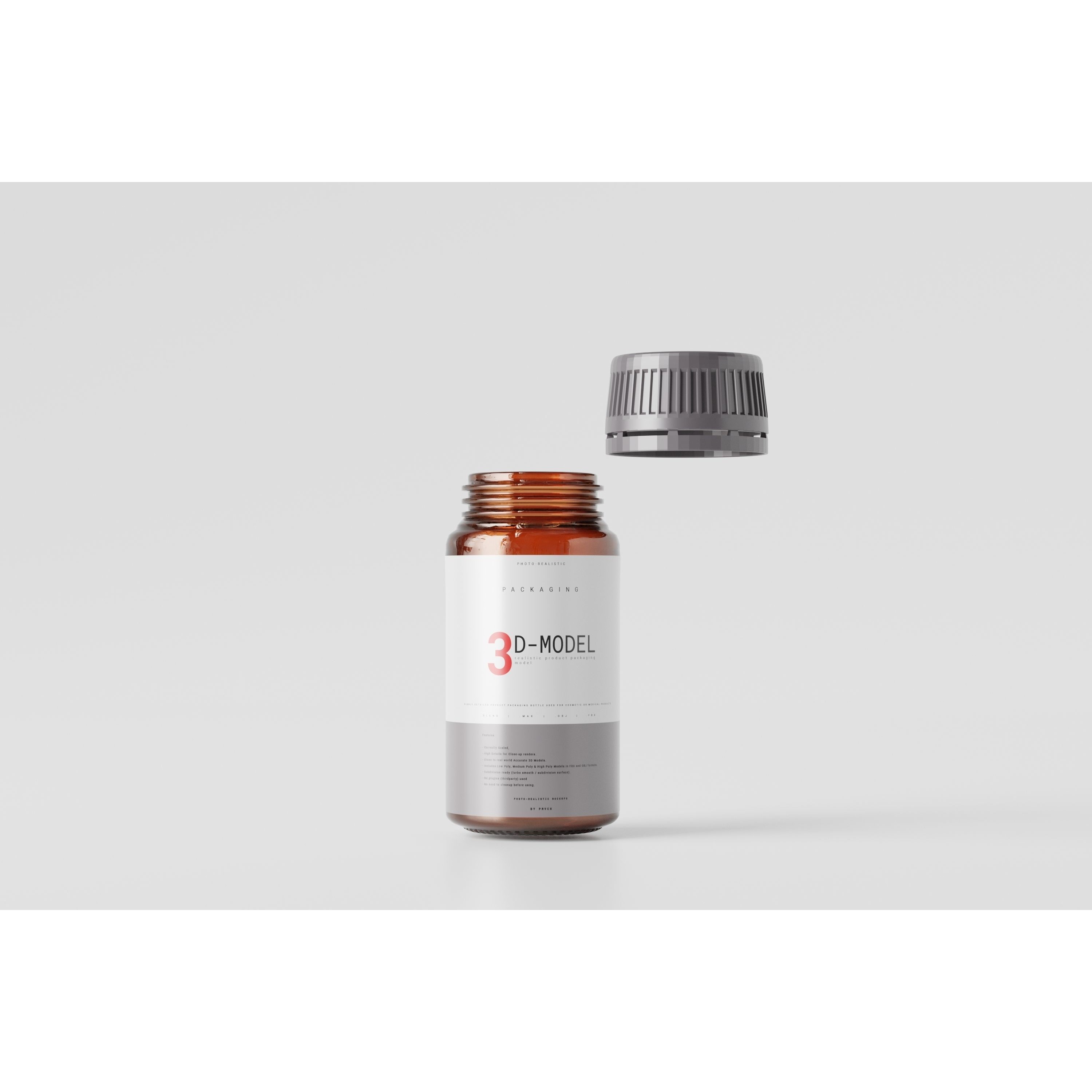 Amber Glass Cosmetic Packaging Bottle - Low-Poly 3D Model - View 10