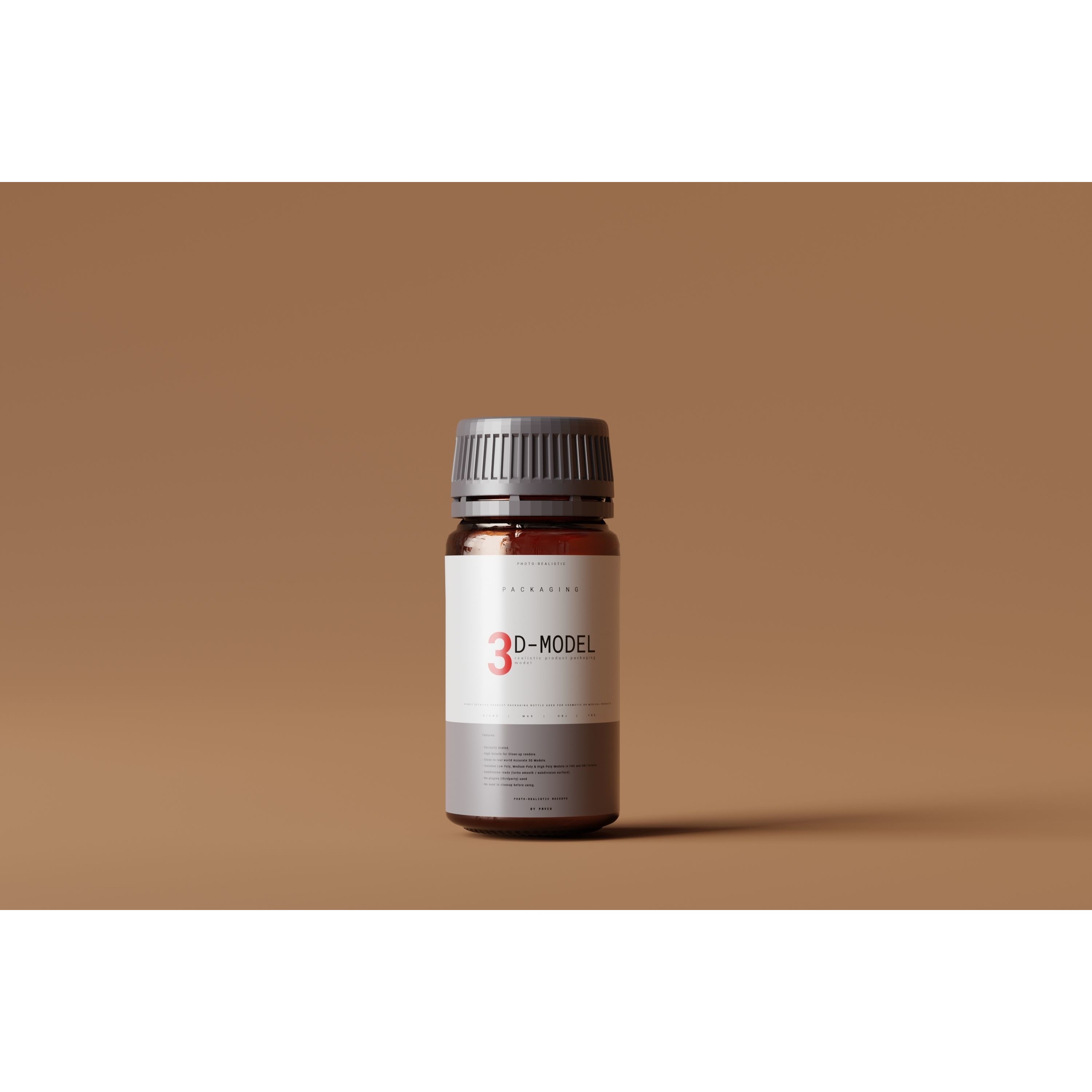 Amber Glass Cosmetic Packaging Bottle - Low-Poly 3D Model - View 6