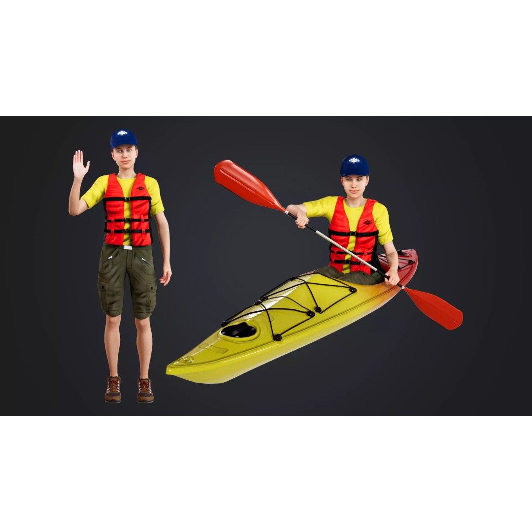 Kayak Canoe Athlete 3D Model – Low Poly Rigged Character, FBX, OBJ - View 2