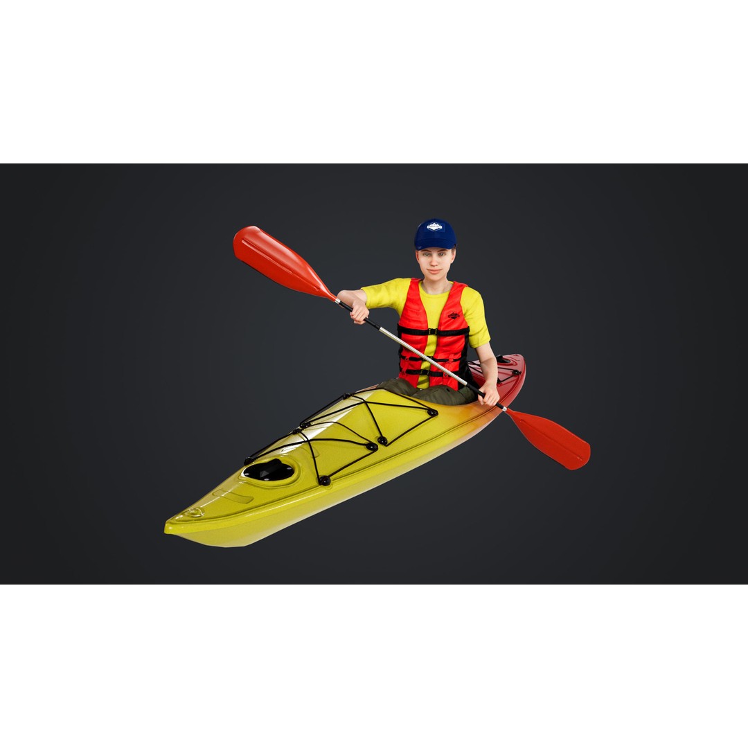 Kayak Canoe Athlete 3D Model – Low Poly Rigged Character, FBX, OBJ - View 3