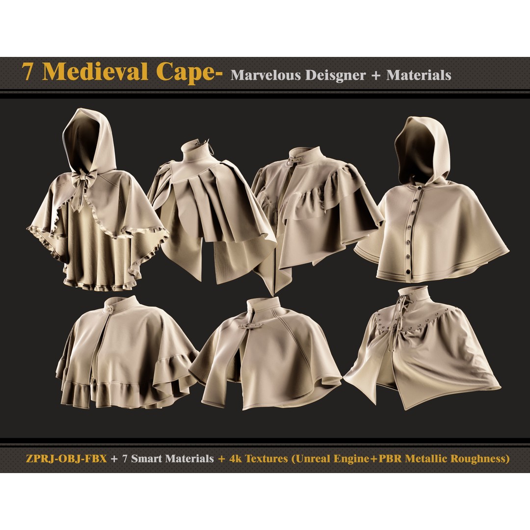 Medieval Capes 3D Model – Vintage Cloak Collection, PBR Textures