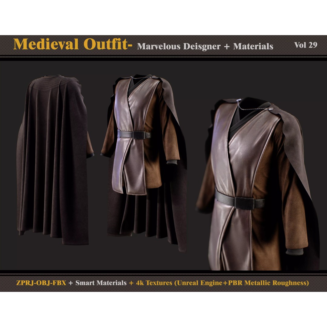 Medieval Outfit 3D Model – Gothic Costume with PBR Textures, FBX & OBJ - View 2