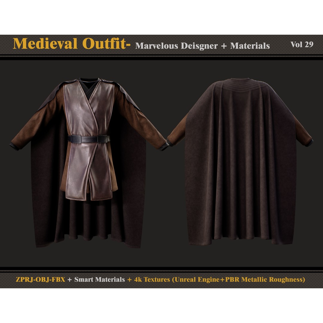 Medieval Outfit 3D Model – Gothic Costume with PBR Textures, FBX & OBJ - View 3