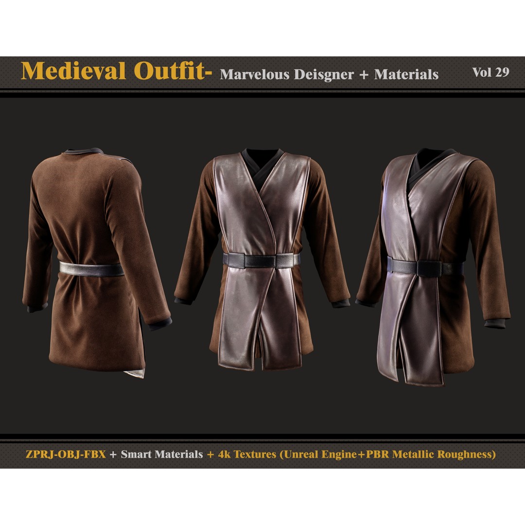 Medieval Outfit 3D Model – Gothic Costume with PBR Textures, FBX & OBJ - View 4