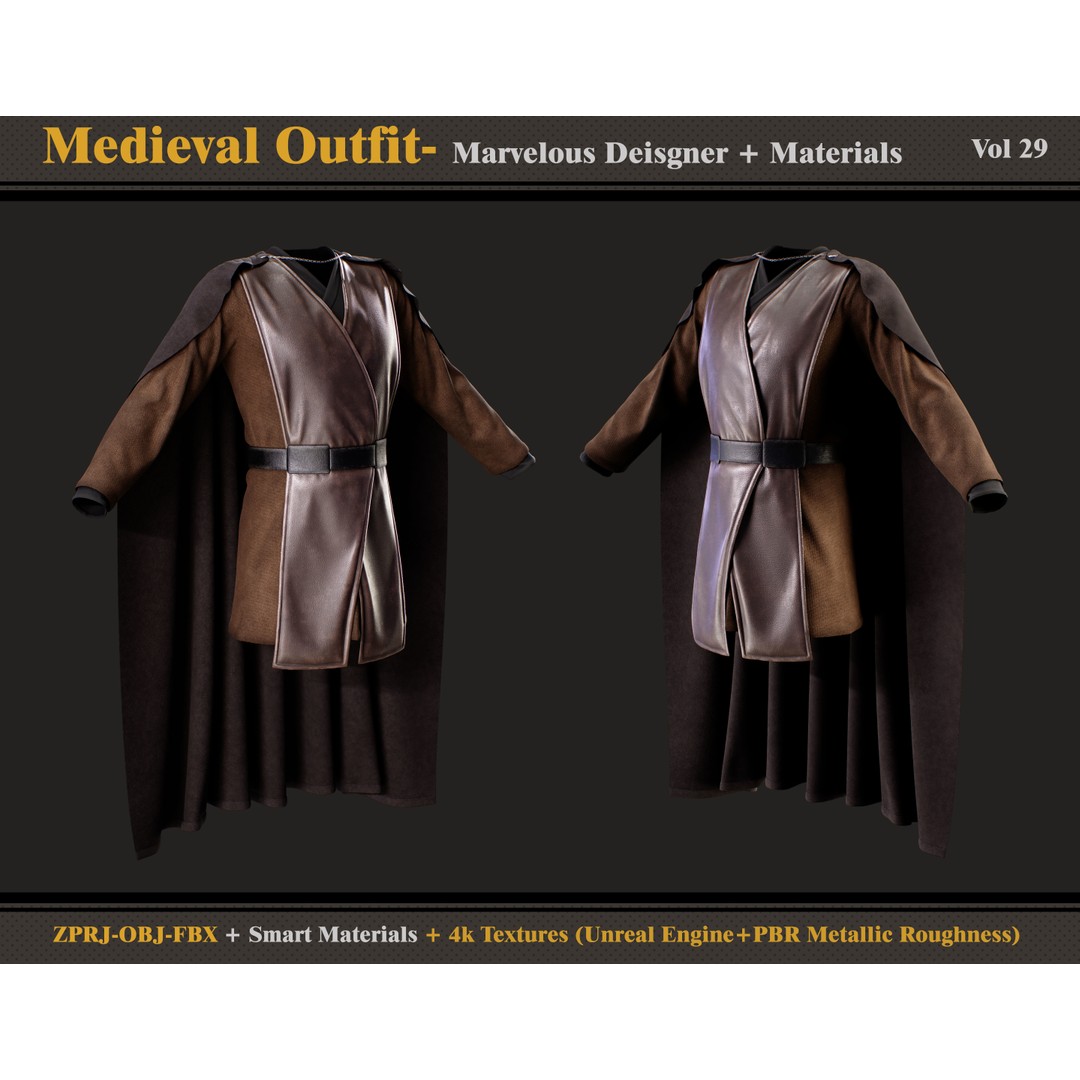 Medieval Outfit 3D Model – Gothic Costume with PBR Textures, FBX & OBJ - View 5