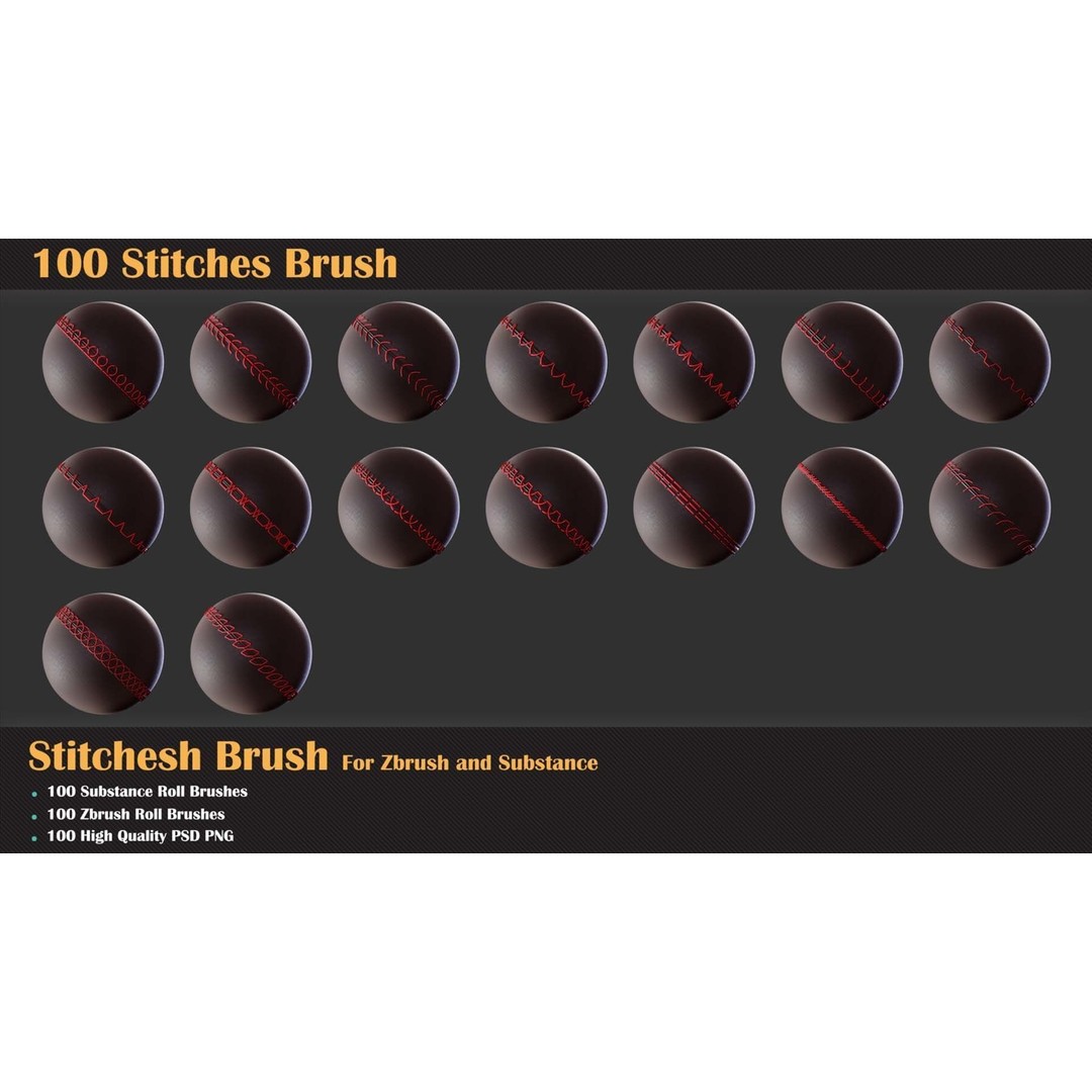 100 Stitches Brush 3D Model – ZBrush & Substance Painter, Alpha Formats