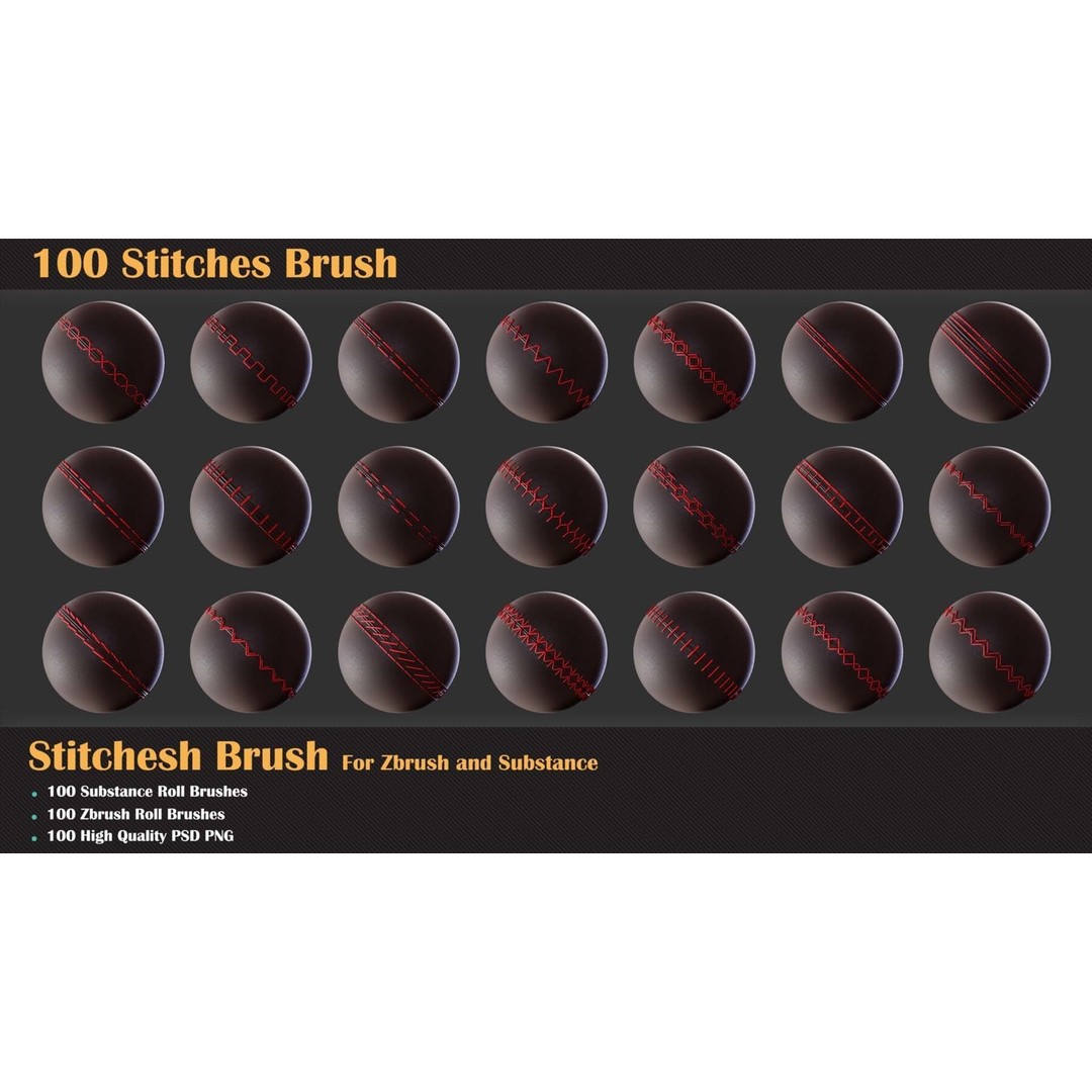 100 Stitches Brush 3D Model – ZBrush & Substance Painter, Alpha Formats - View 4