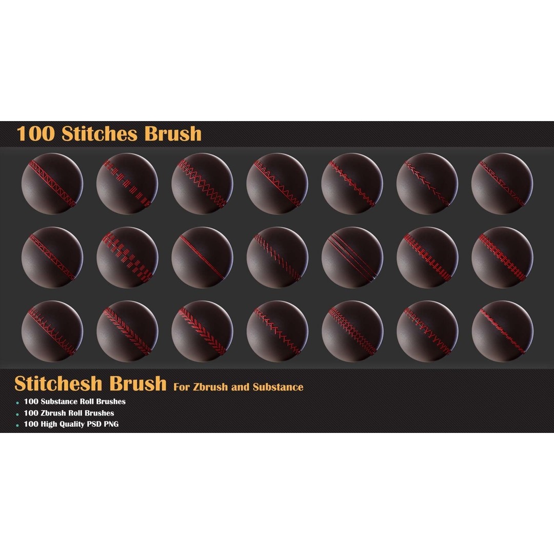 100 Stitches Brush 3D Model – ZBrush & Substance Painter, Alpha Formats - View 6