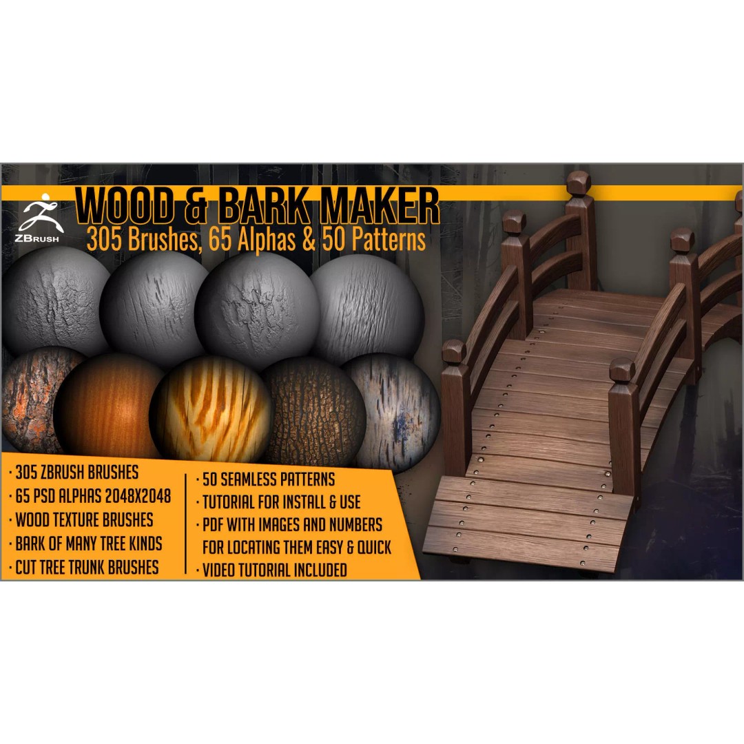 Wood and Bark 3D Model – ZBrush Brushes, Alphas & Patterns - View 2
