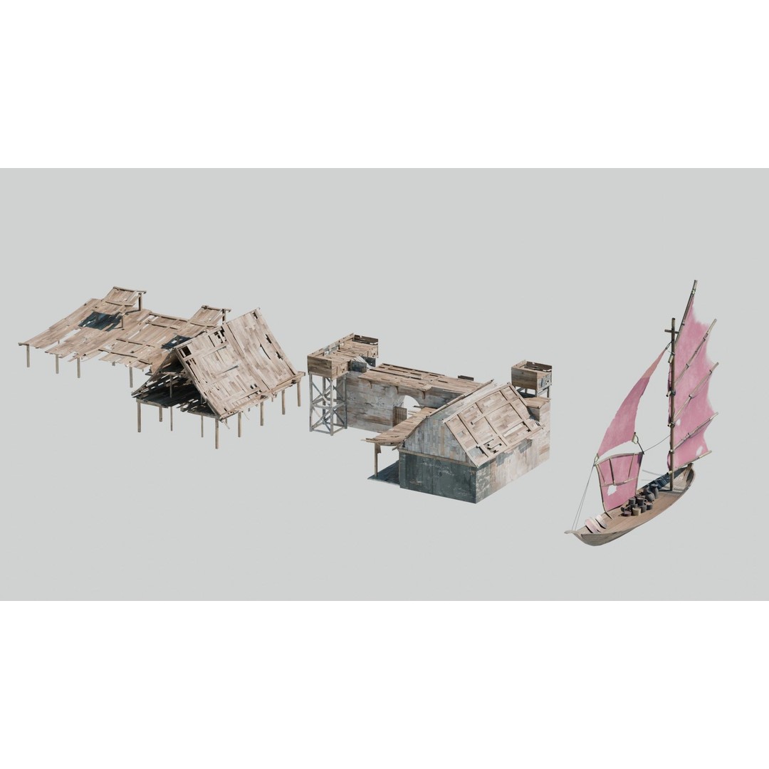Shanty Town 3D Model – Low Poly Environment with PBR Textures - View 12
