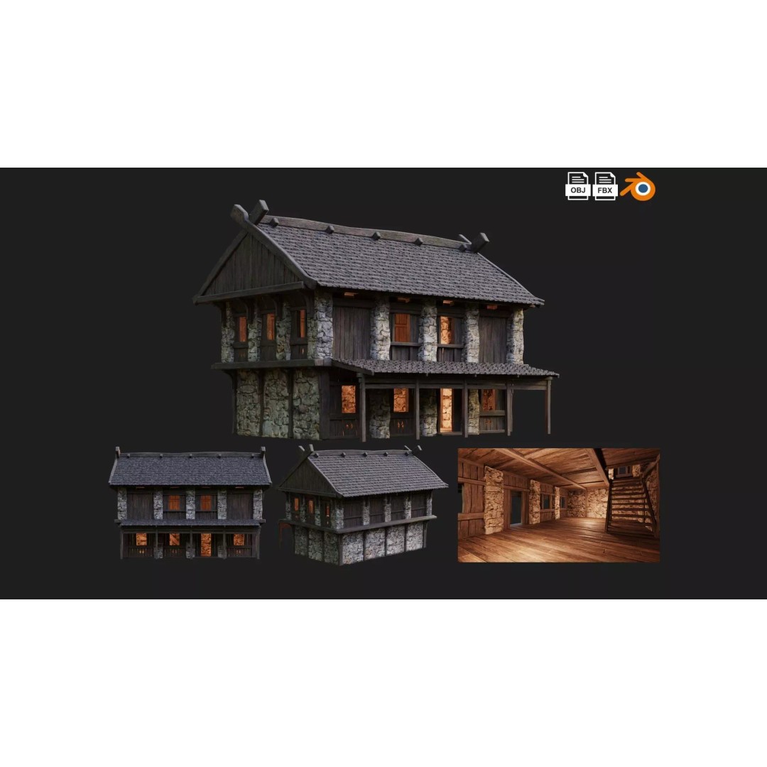Old Medieval Building 3D Model – Low Poly Game Asset, FBX & OBJ - View 2