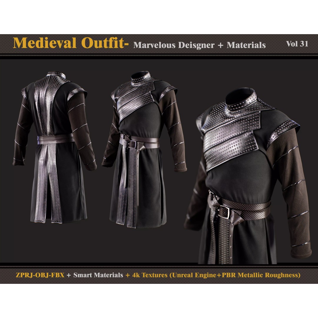 Medieval Outfit 3D Model – Gothic Costume with PBR Textures, FBX & OBJ - View 2