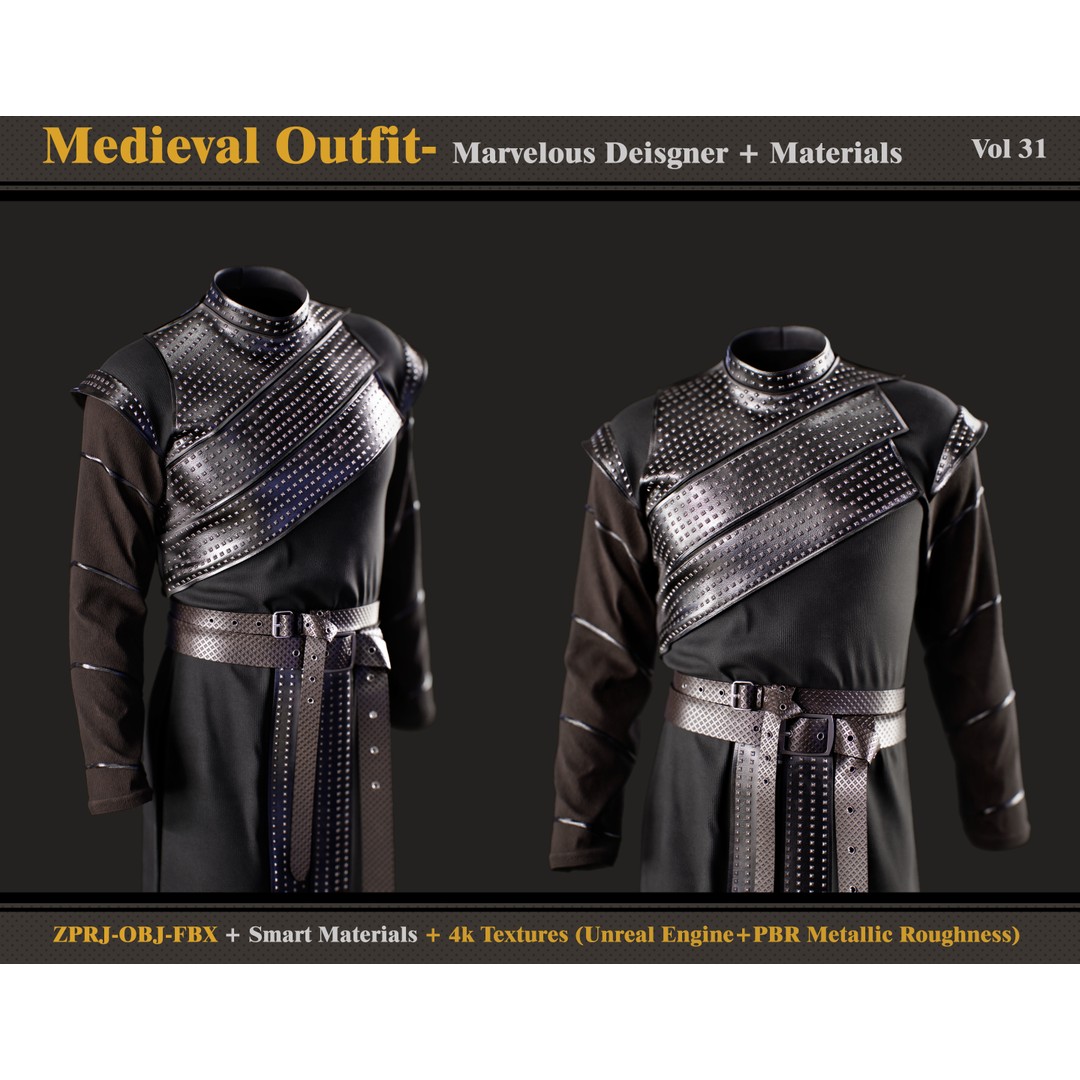 Medieval Outfit 3D Model – Gothic Costume with PBR Textures, FBX & OBJ - View 4