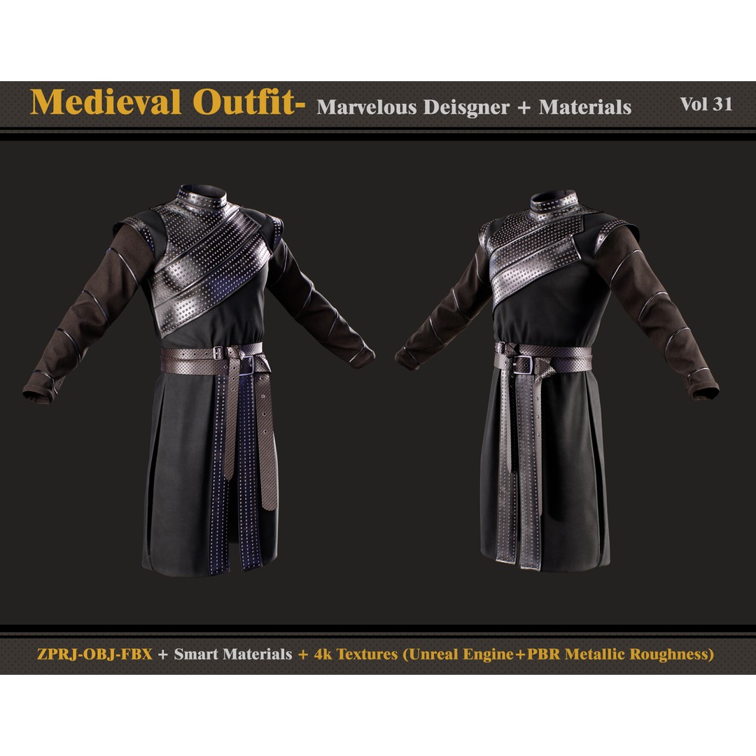 Medieval Outfit 3D Model – Gothic Costume with PBR Textures, FBX & OBJ - View 5