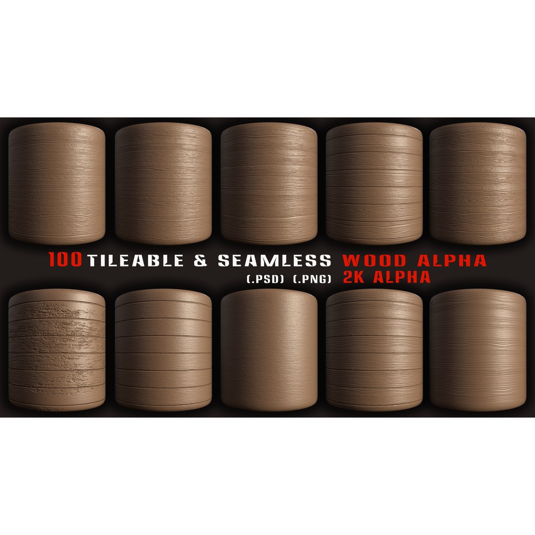 Wood Alpha Brush Set 3D Model – 100 Tileable Seamless Textures, PNG & PSD