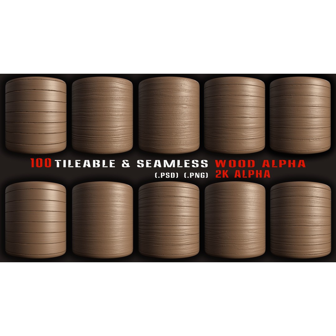 Wood Alpha Brush Set 3D Model – 100 Tileable Seamless Textures, PNG & PSD - View 12