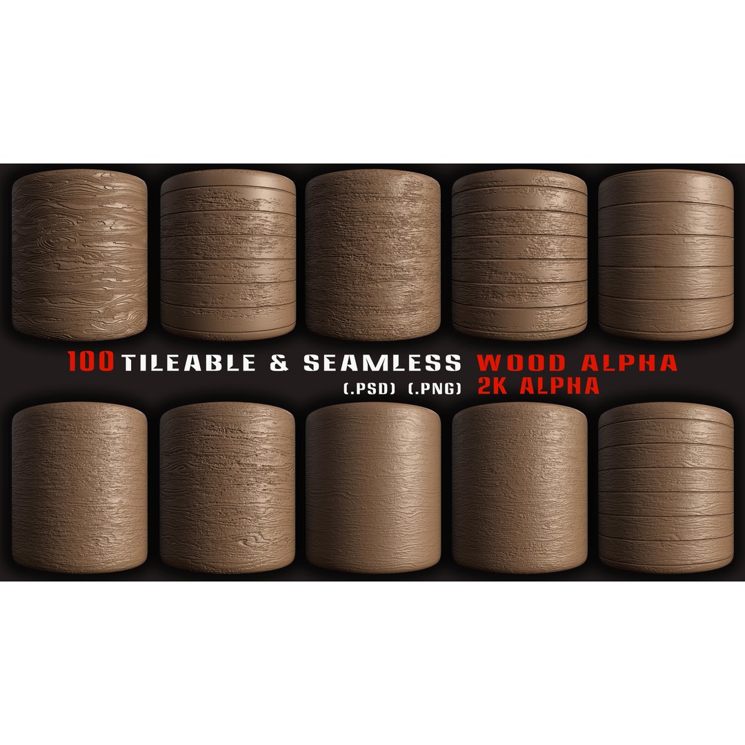 Wood Alpha Brush Set 3D Model – 100 Tileable Seamless Textures, PNG & PSD - View 6