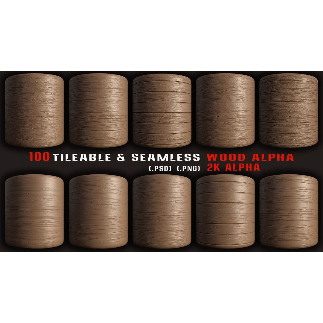 Wood Alpha Brush Set 3D Model – 100 Tileable Seamless Textures, PNG & PSD - View 9