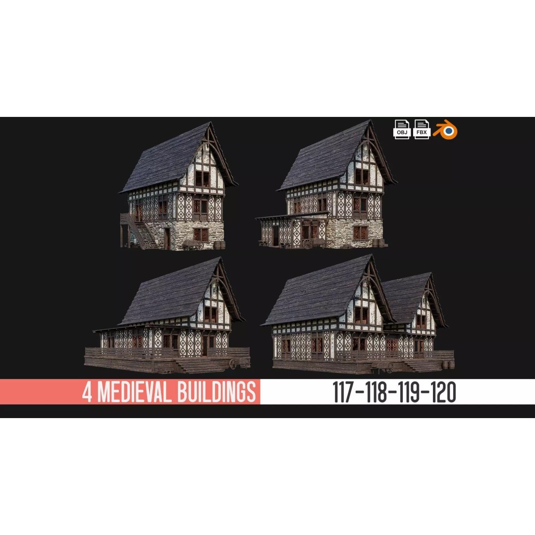 Old Medieval Buildings 3D Model – Low Poly Game Ready, FBX, PBR Textures - View 2