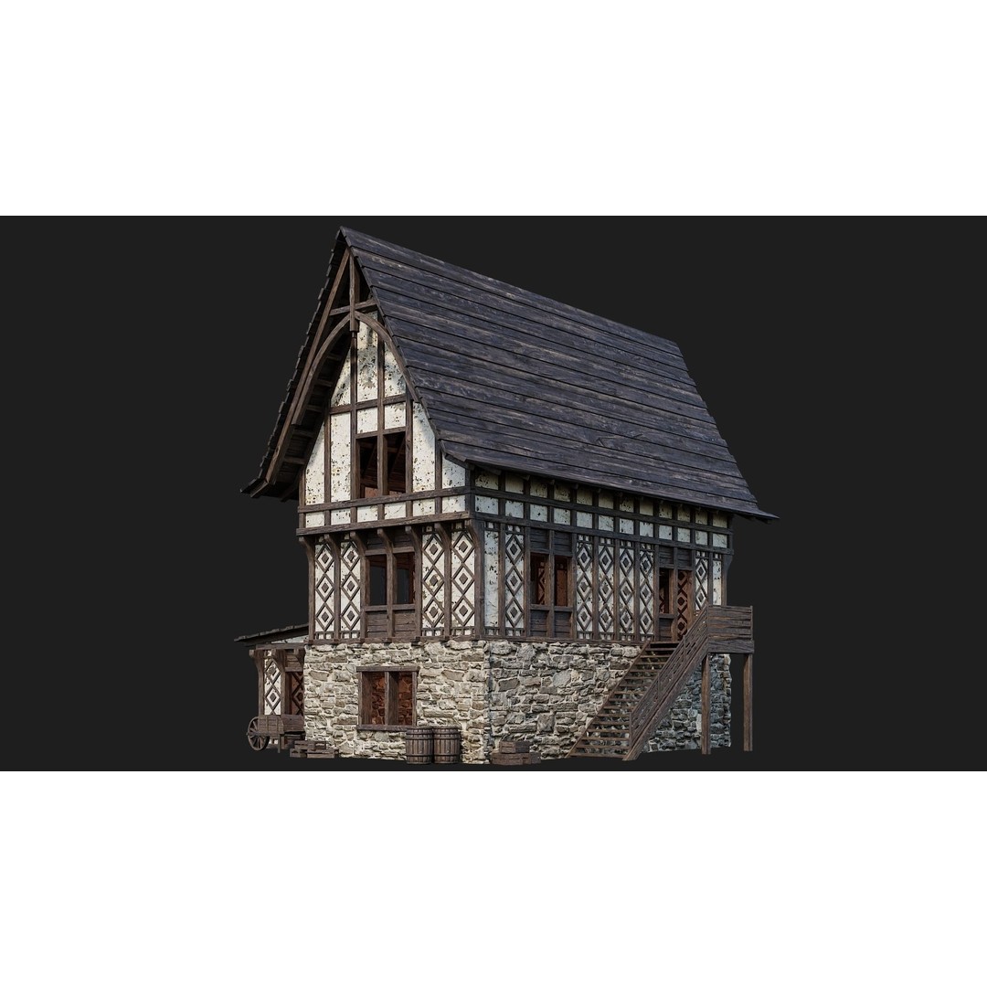 Old Medieval Buildings 3D Model – Low Poly Game Ready, FBX, PBR Textures - View 25