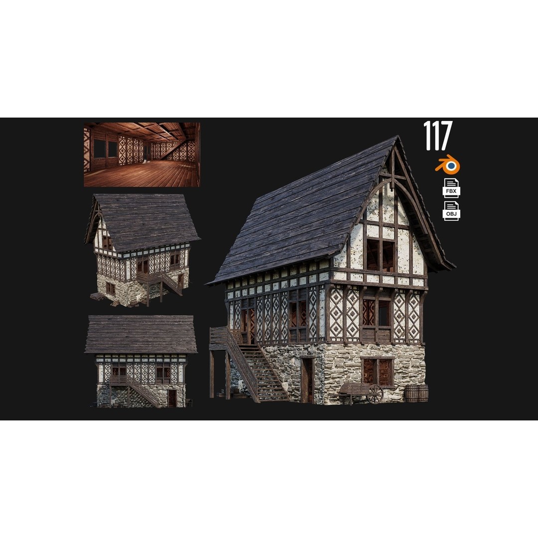 Old Medieval Buildings 3D Model – Low Poly Game Ready, FBX, PBR Textures - View 3