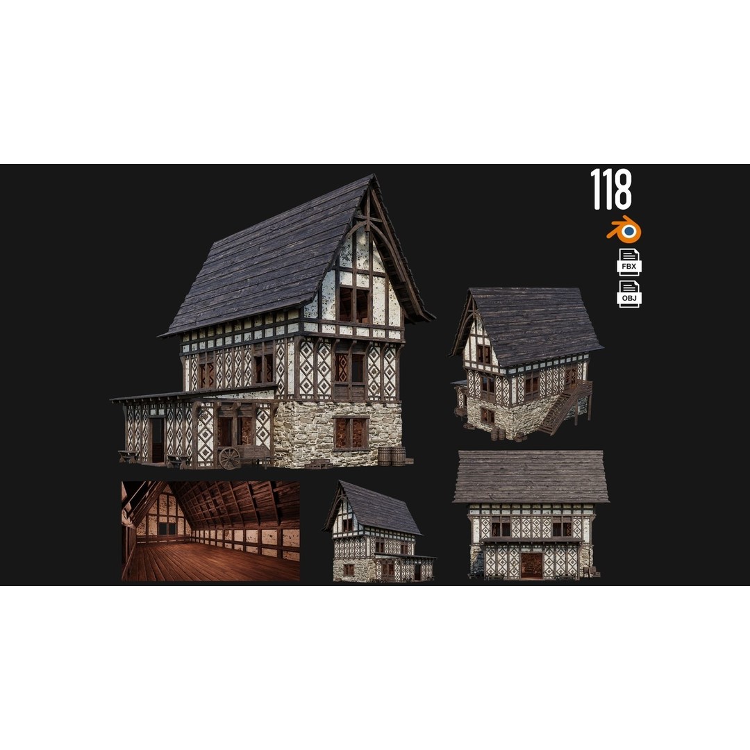 Old Medieval Buildings 3D Model – Low Poly Game Ready, FBX, PBR Textures - View 4