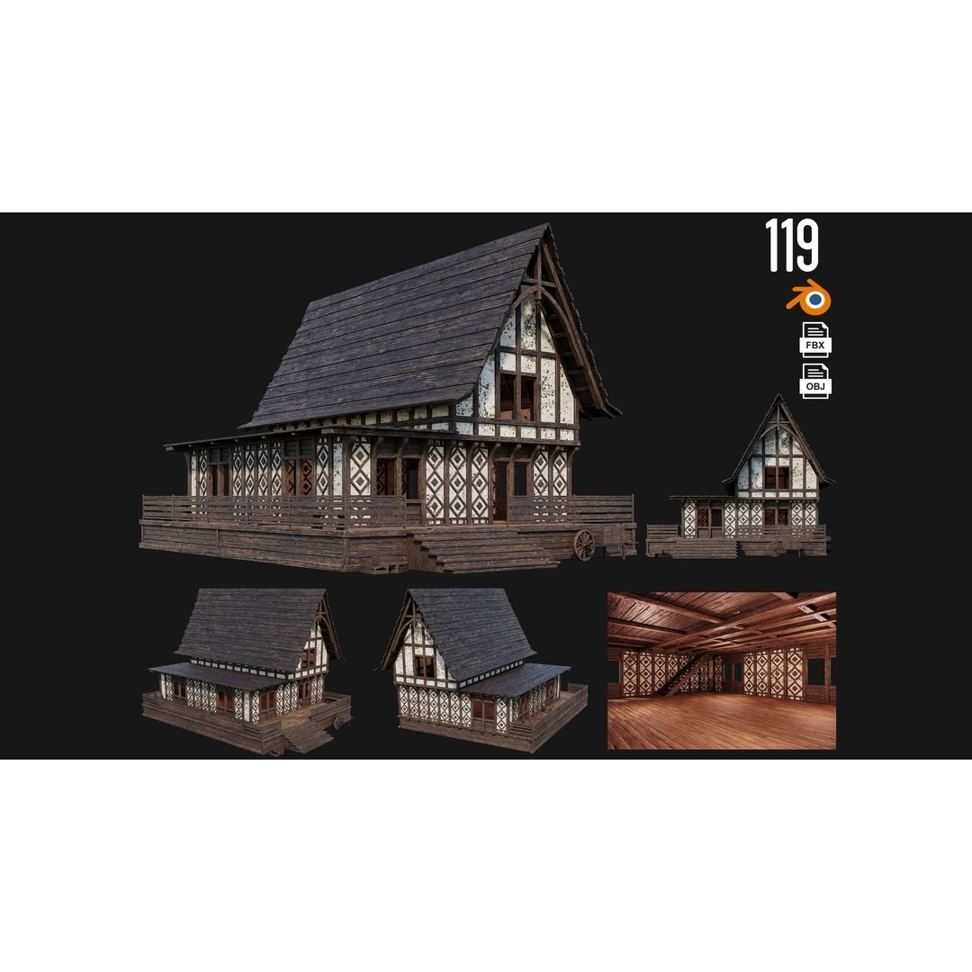 Old Medieval Buildings 3D Model – Low Poly Game Ready, FBX, PBR Textures - View 5