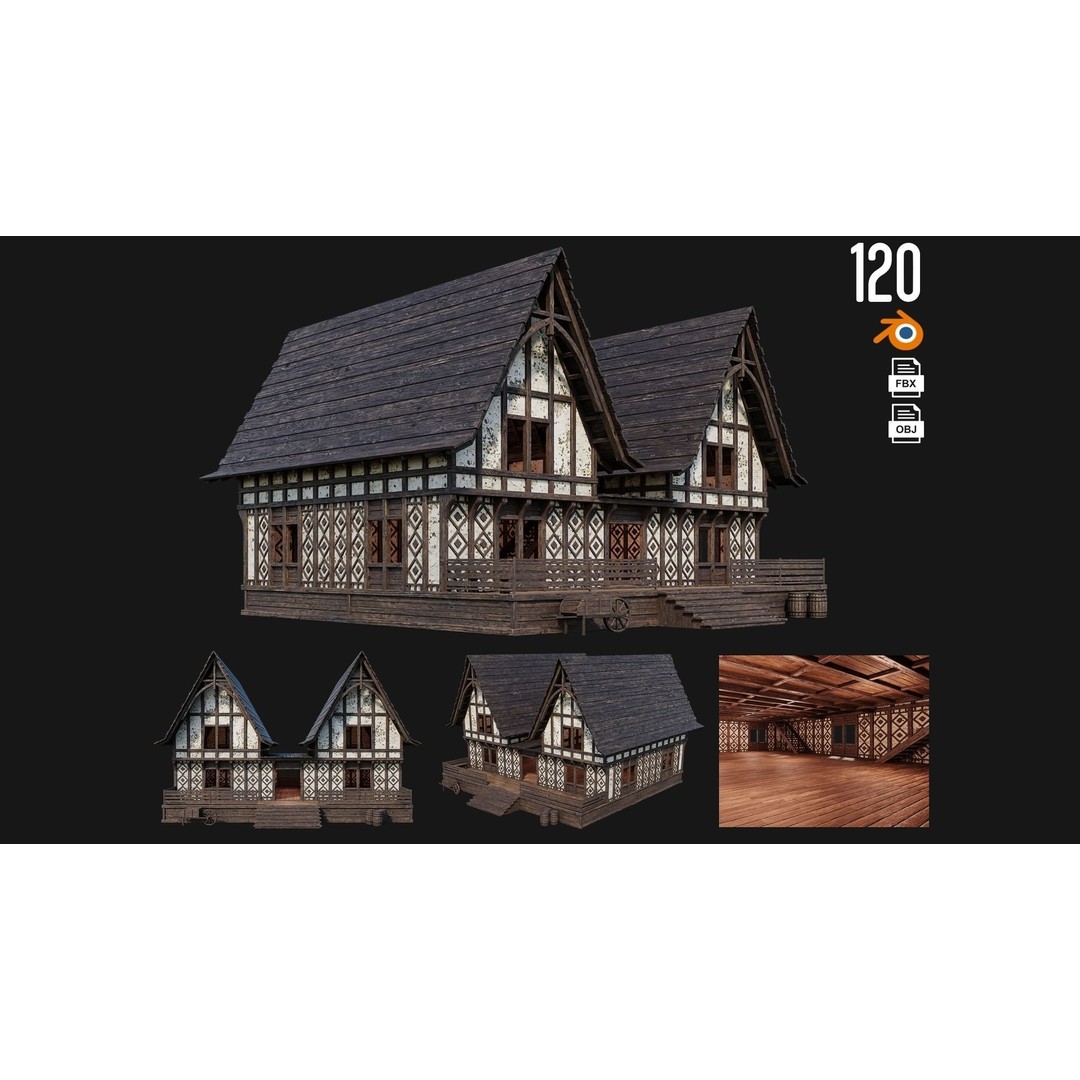 Old Medieval Buildings 3D Model – Low Poly Game Ready, FBX, PBR Textures - View 6