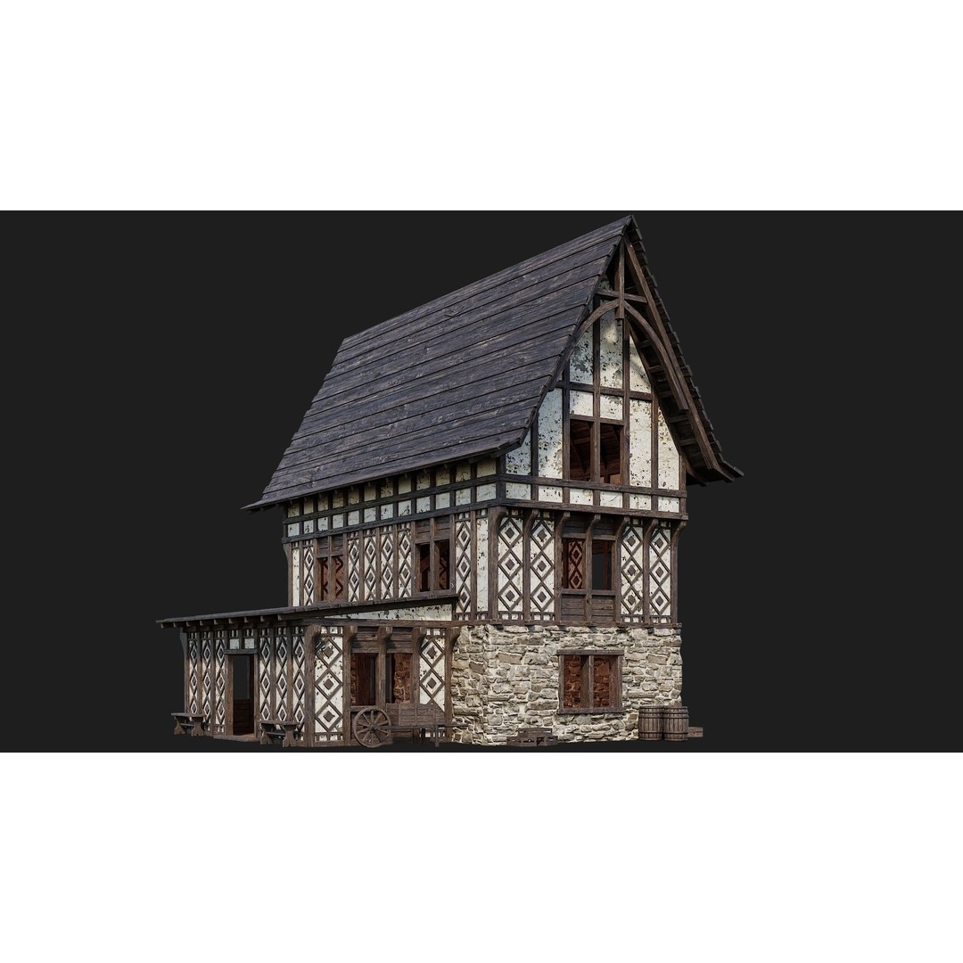 Old Medieval Buildings 3D Model – Low Poly Game Ready, FBX, PBR Textures - View 8