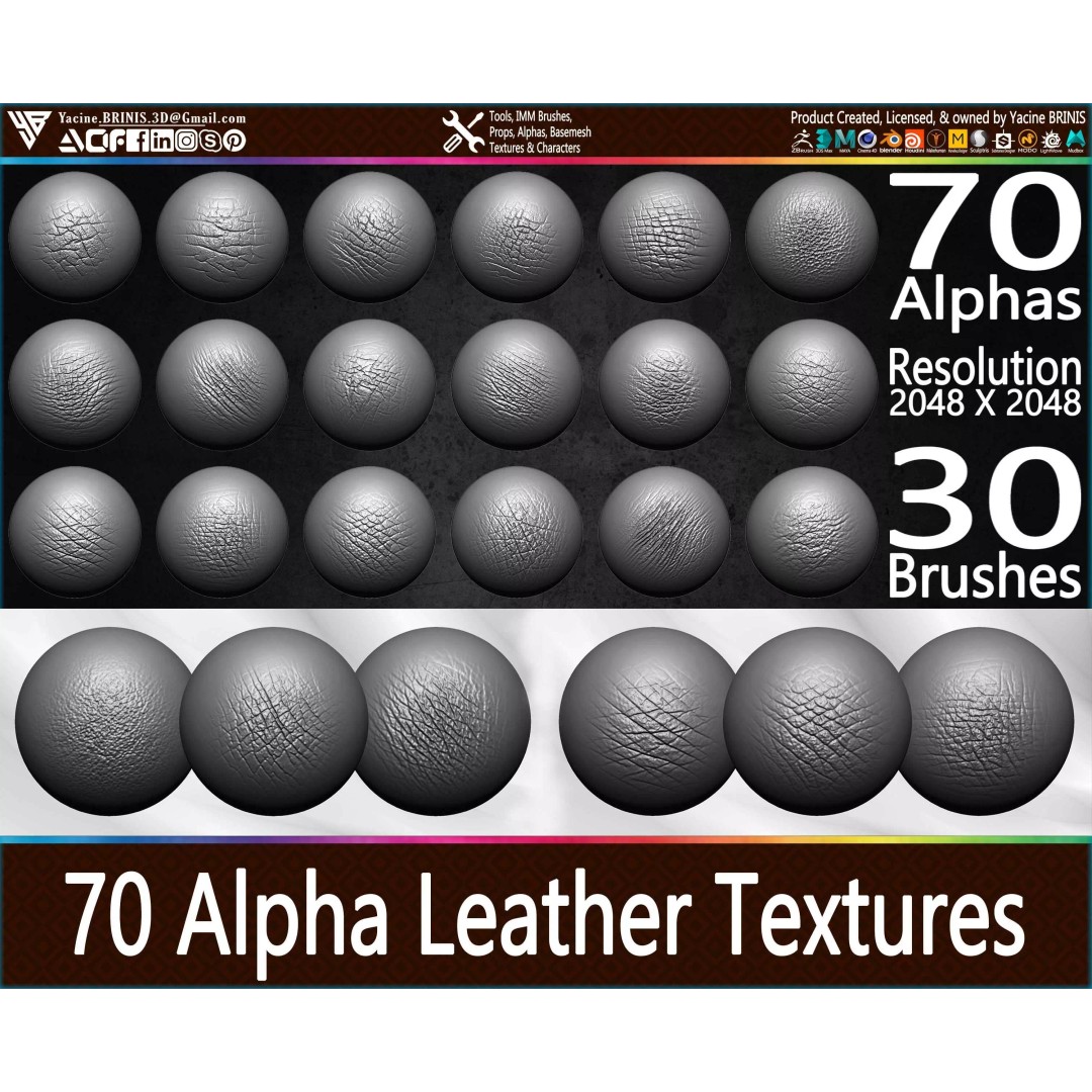 Leather Textures 3D Model – 70 Alpha Textures & 30 Brushes for ZBrush - View 2