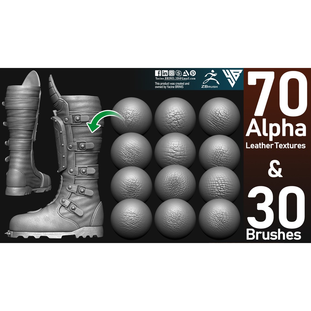 Leather Textures 3D Model – 70 Alpha Textures & 30 Brushes for ZBrush - View 6