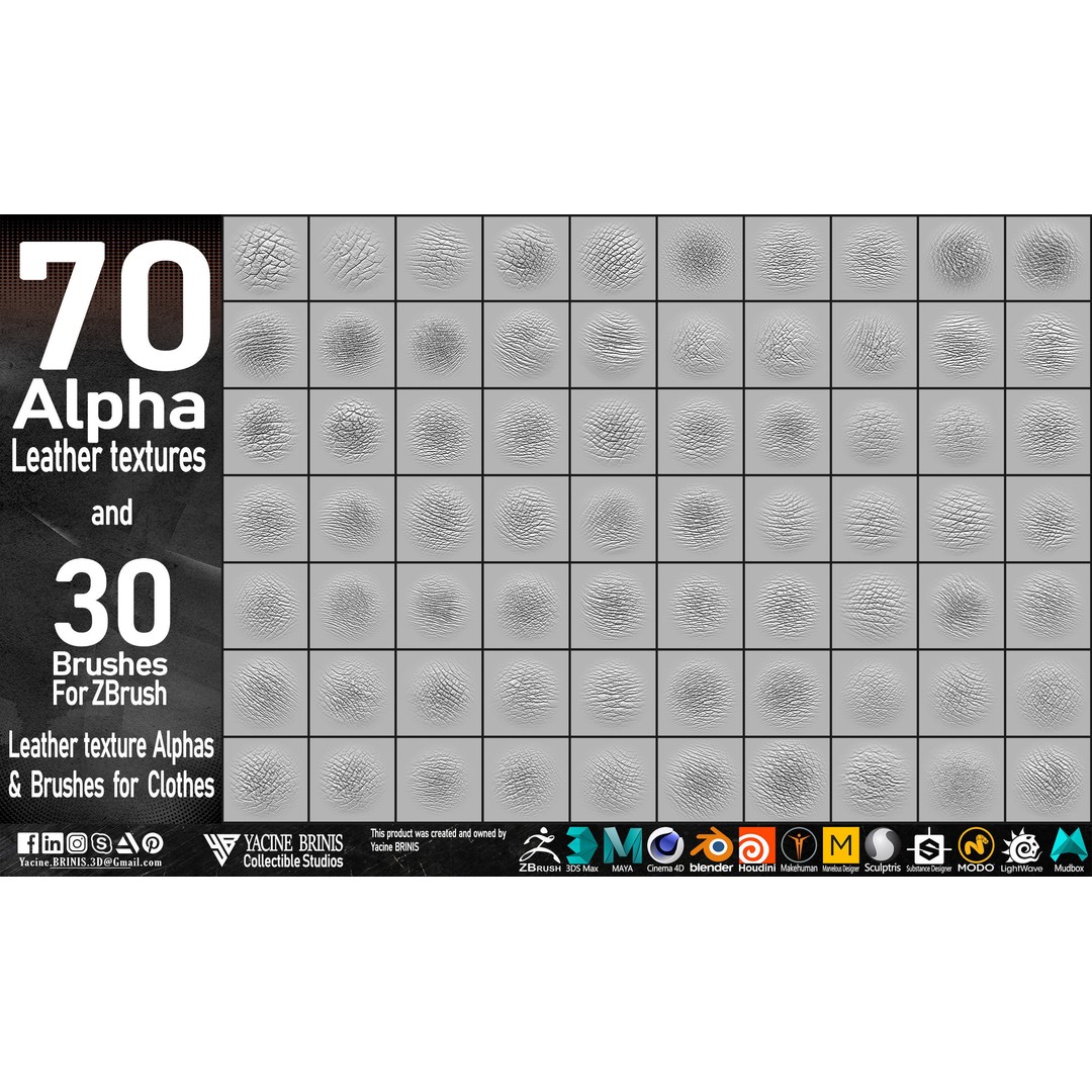 Leather Textures 3D Model – 70 Alpha Textures & 30 Brushes for ZBrush - View 7