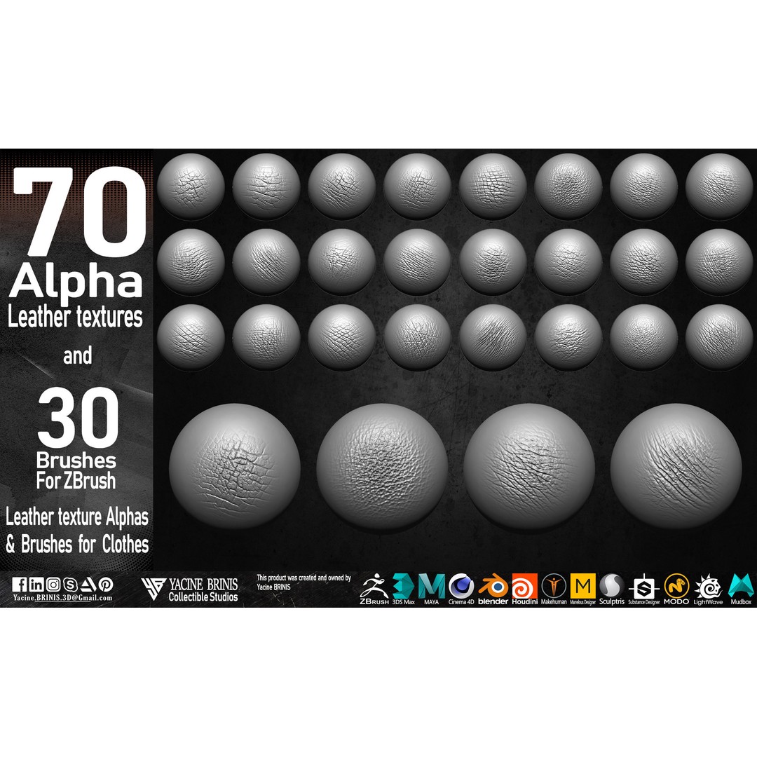 Leather Textures 3D Model – 70 Alpha Textures & 30 Brushes for ZBrush - View 8